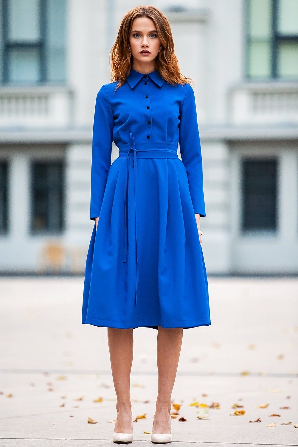 Bright blue dress with collar and front buttons GUNTINA Bright blue dress with collar and front buttons GUNTINA