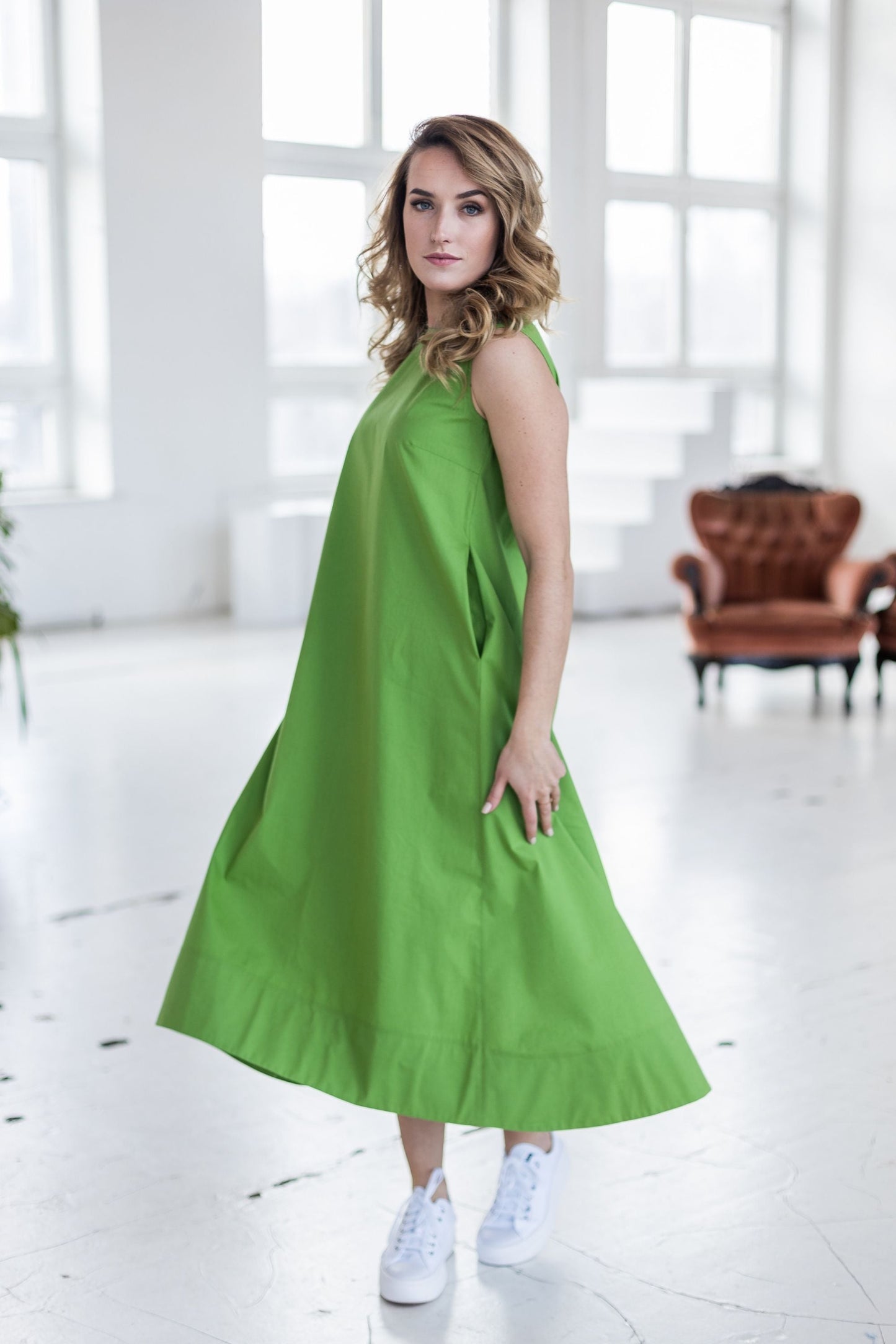 Green bell dress with pockets