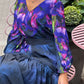 Long chiffon Maxi dress in gray-purple with iris flowers