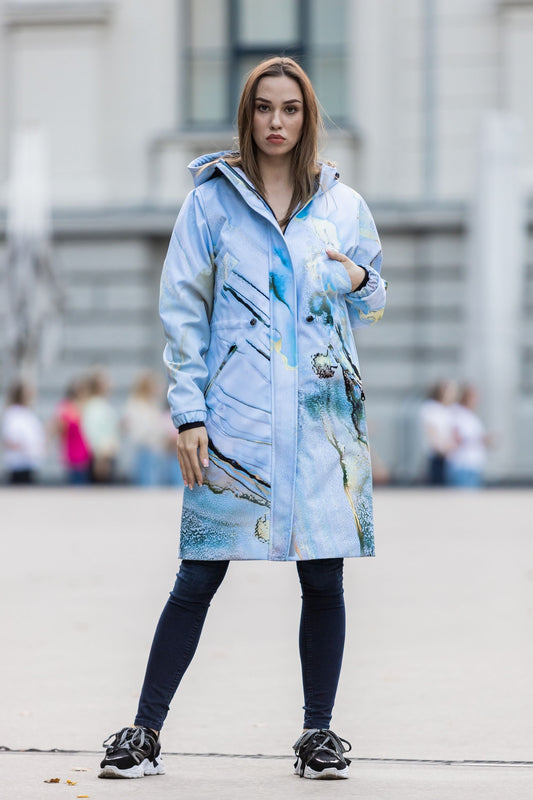 Softshell coat / parka with light blue and golden print