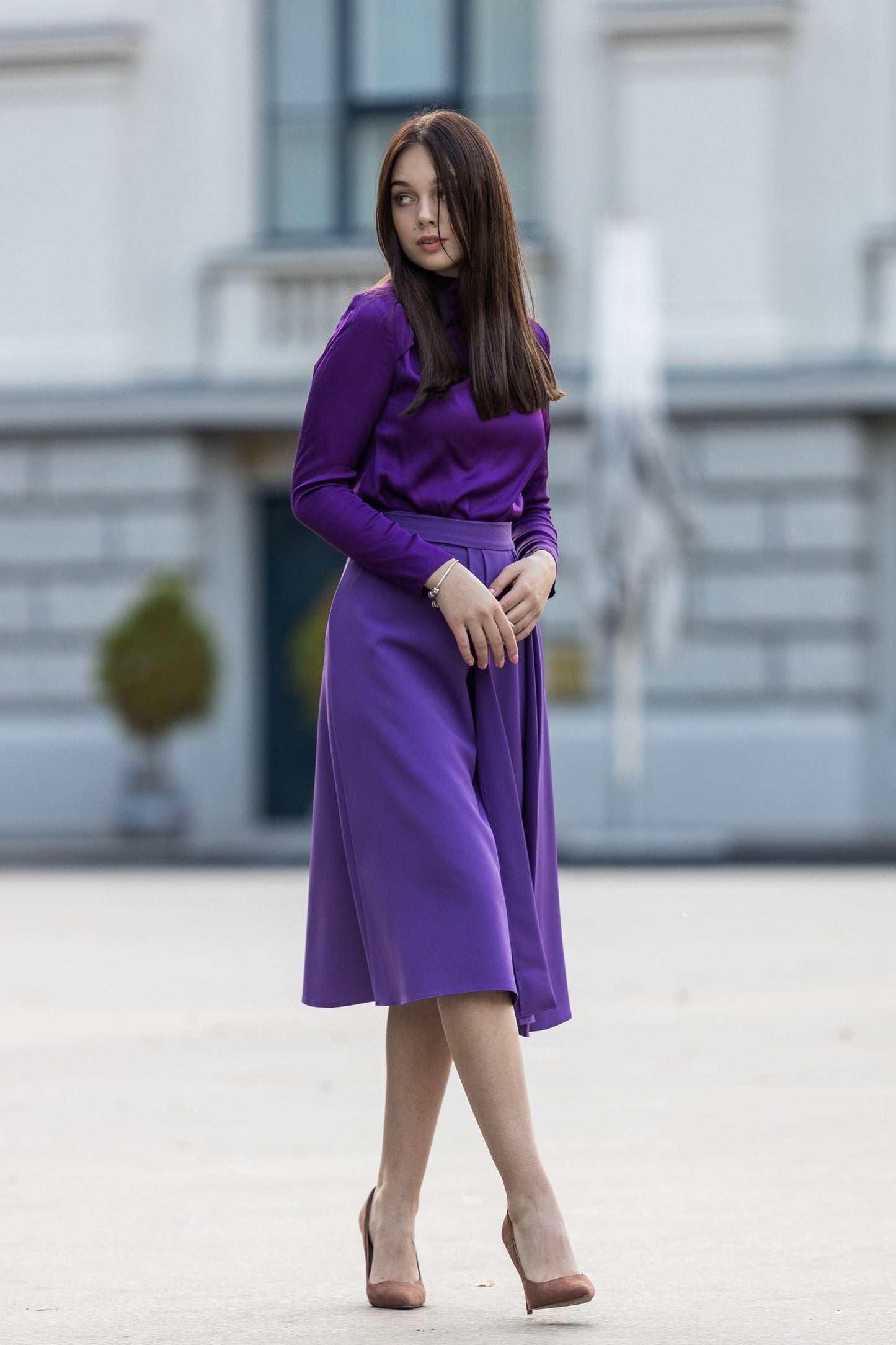 Purple classic style skirt with side folds