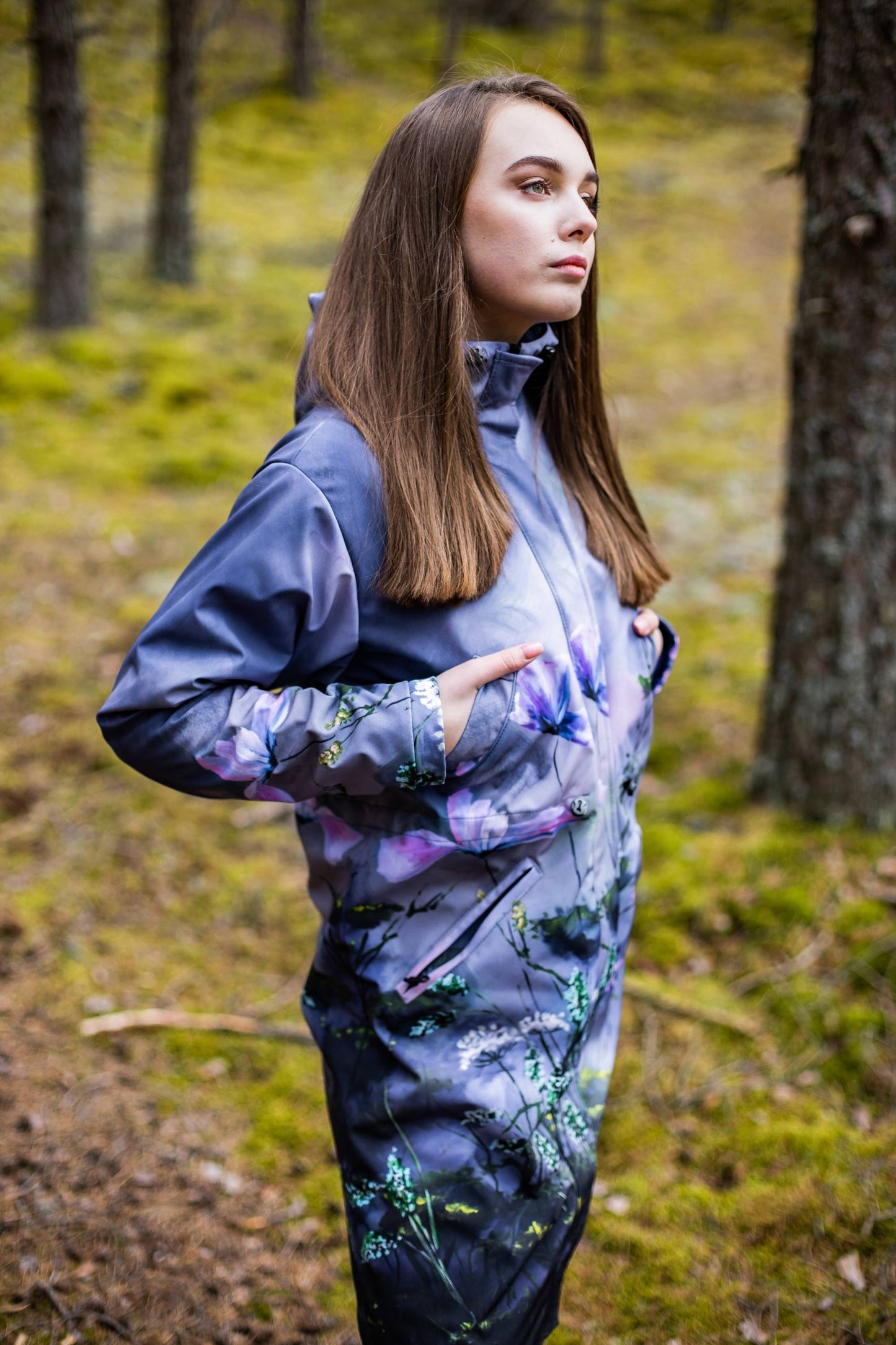Softshell coat / parka with a print of a painted meadow