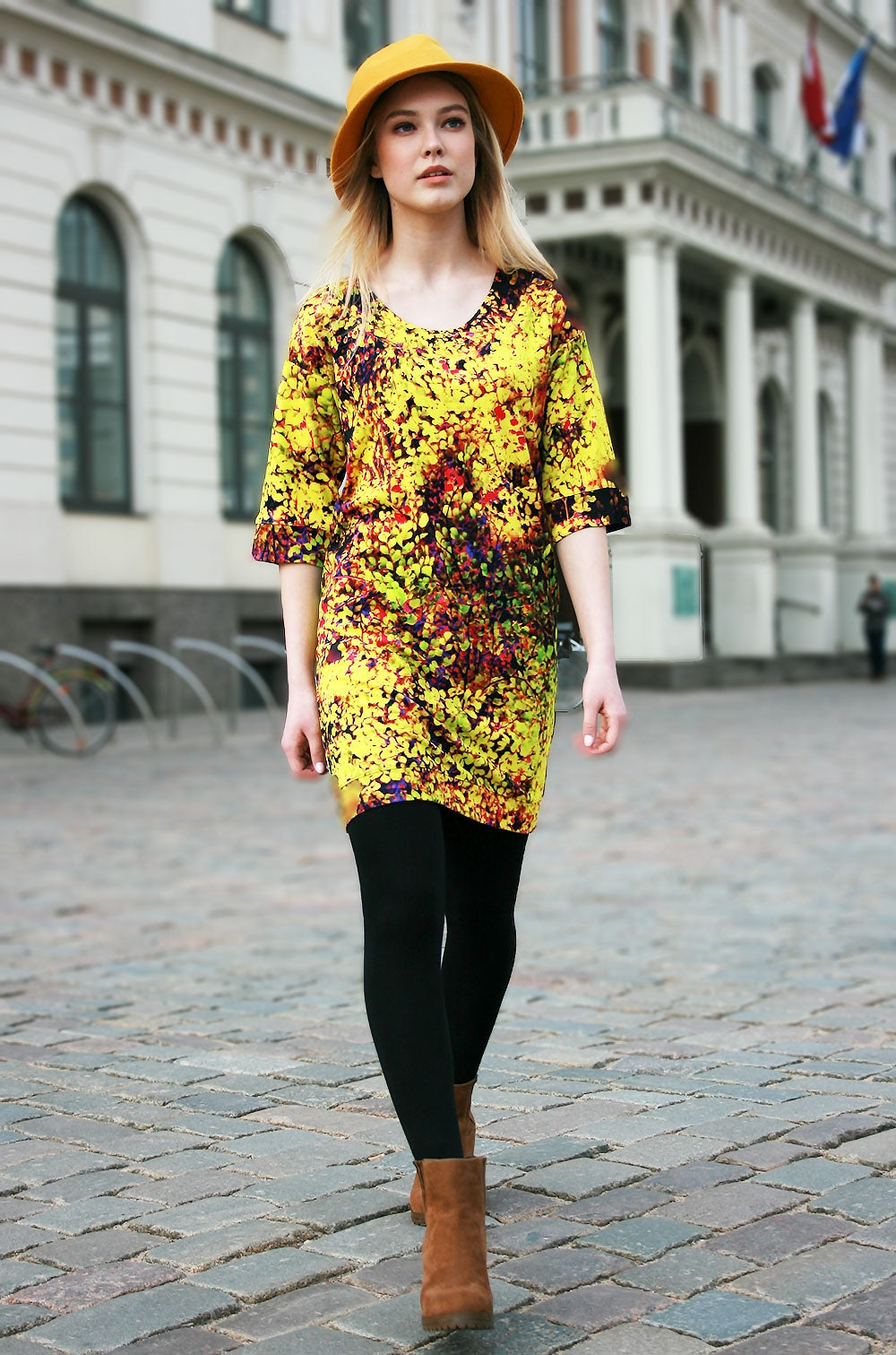 Floral Dress With Tights And Long Boots Flower Dress With Black