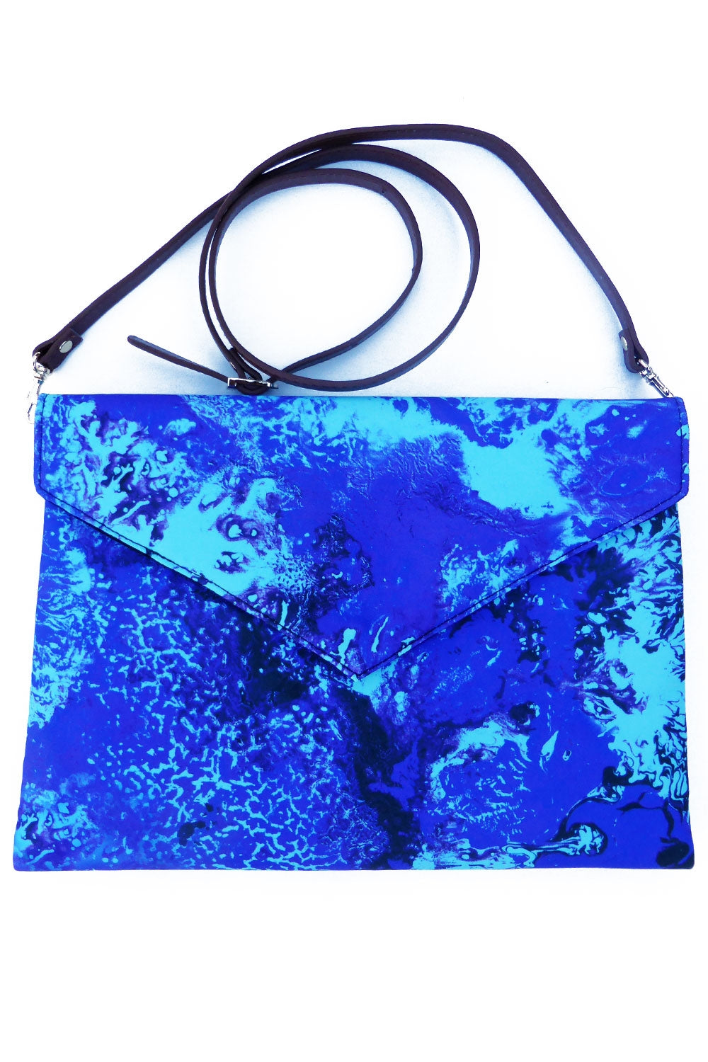 Handbag with an abstract blue and purple print