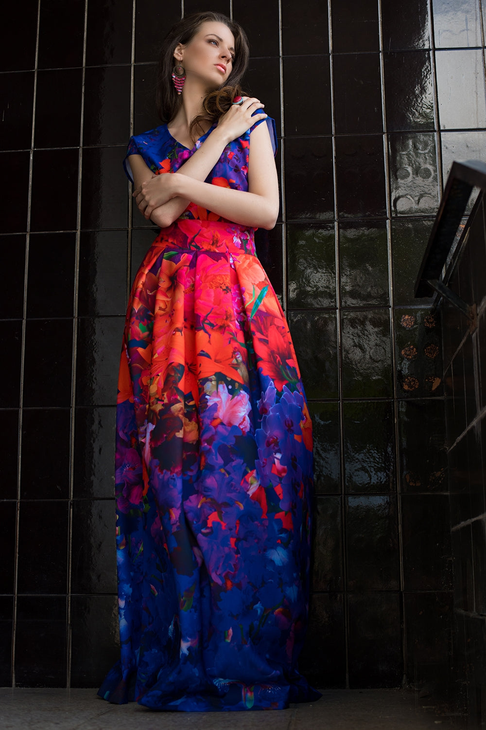 Red and purple thick skirts with floral print