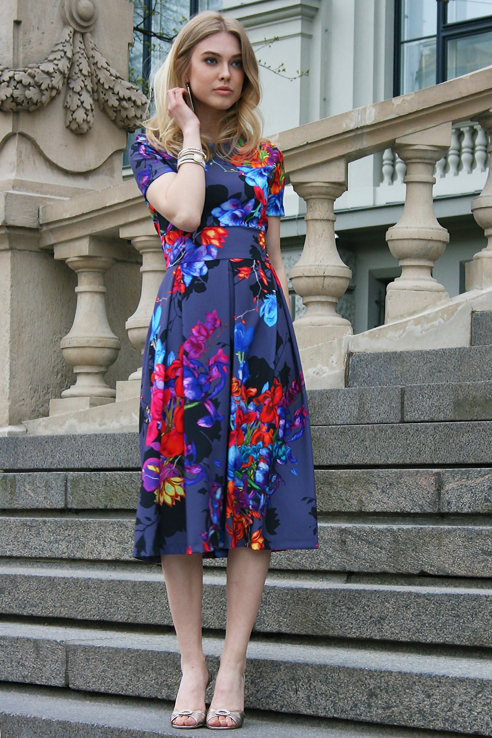 Gray dress with painted bright flowers