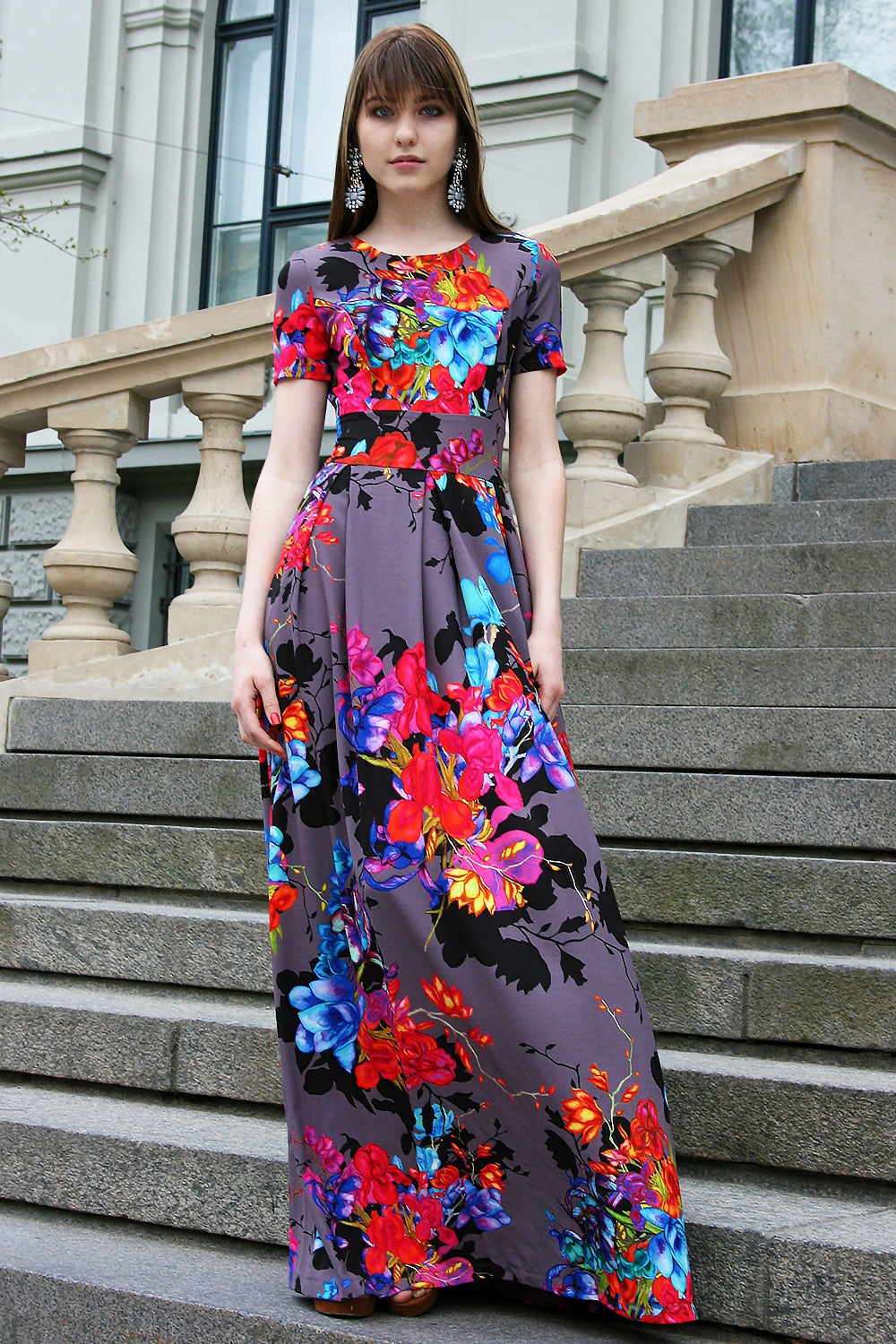 Gray long dress with painted bright flowers GUNTINA Gray long dress with painted bright flowers GUNTINA