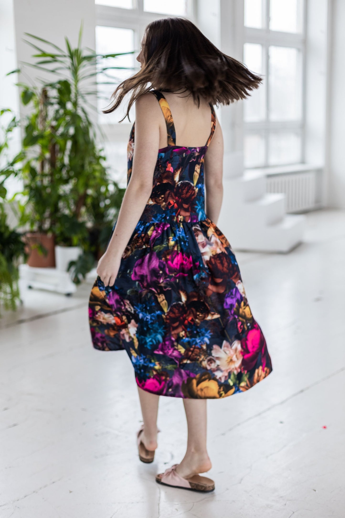 Floral midi length summer dress with ruffles