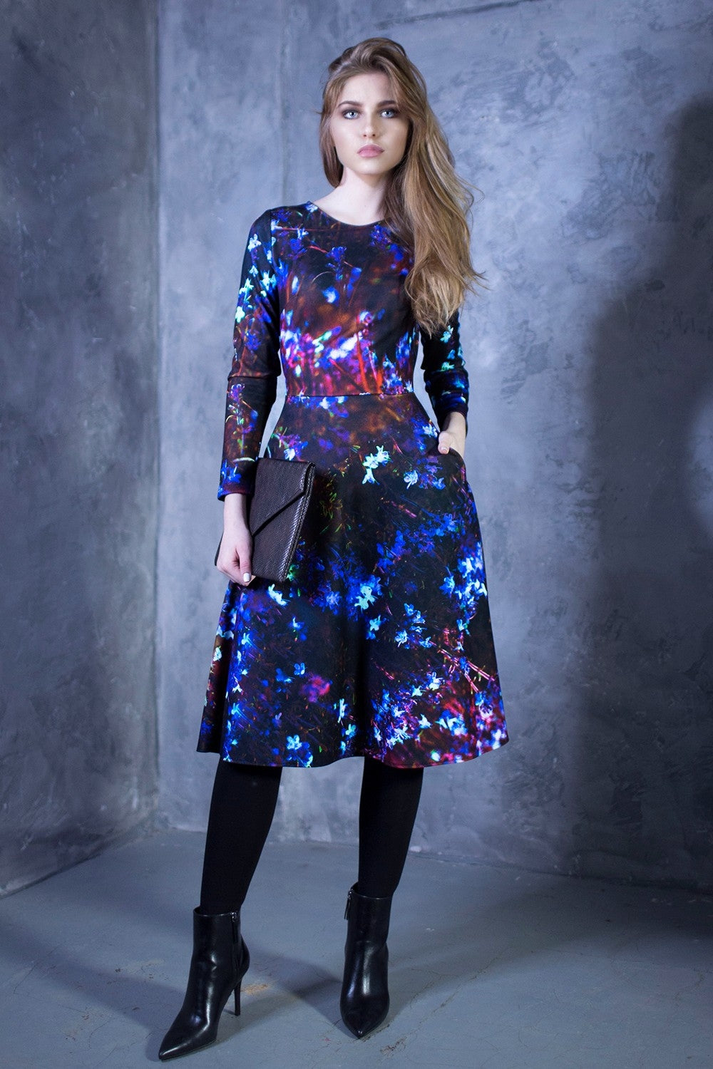 Dark full dress with blue flowers GUNTINA Dark full dress with blue flowers GUNTINA