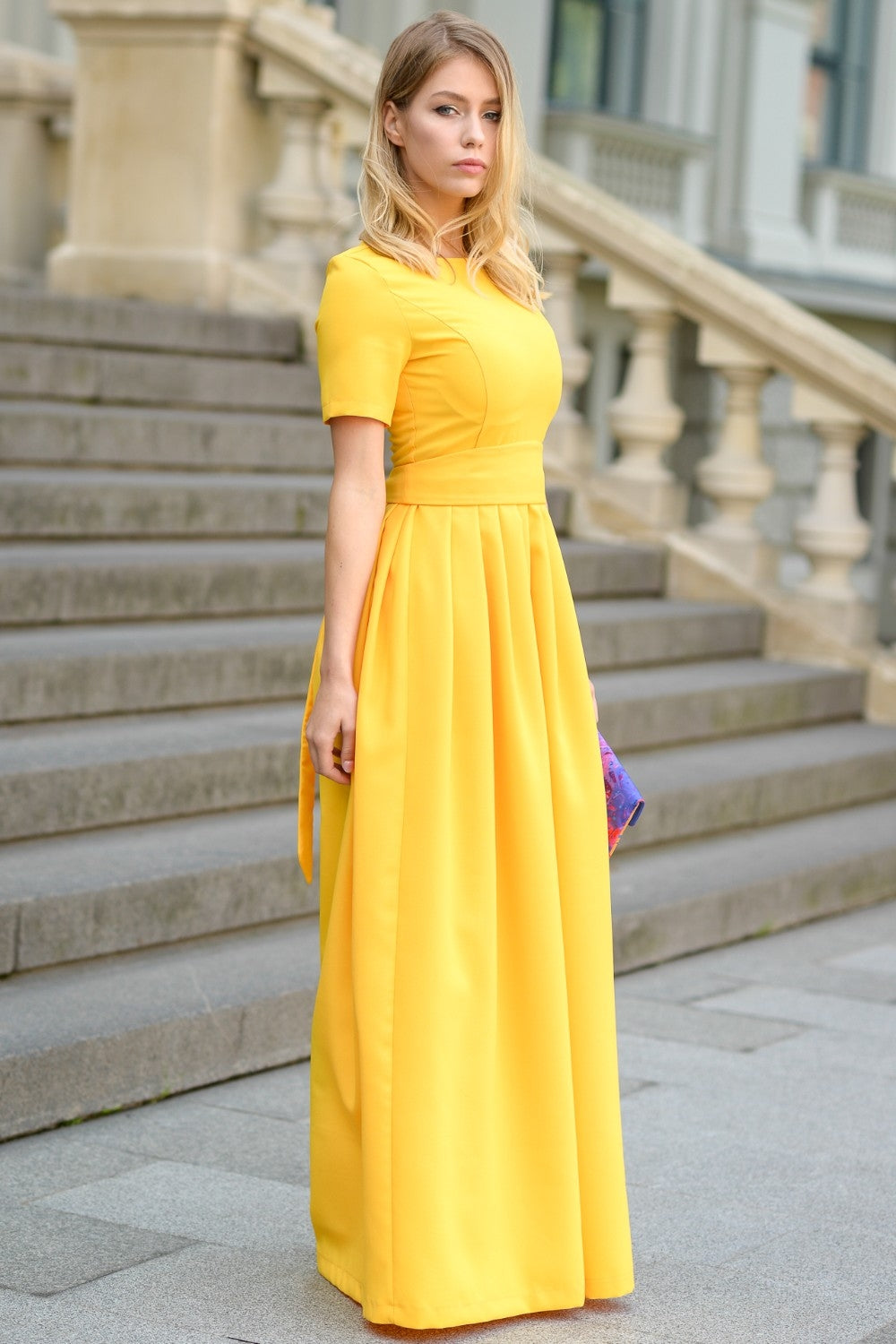 Yellow maxi dress with pleats