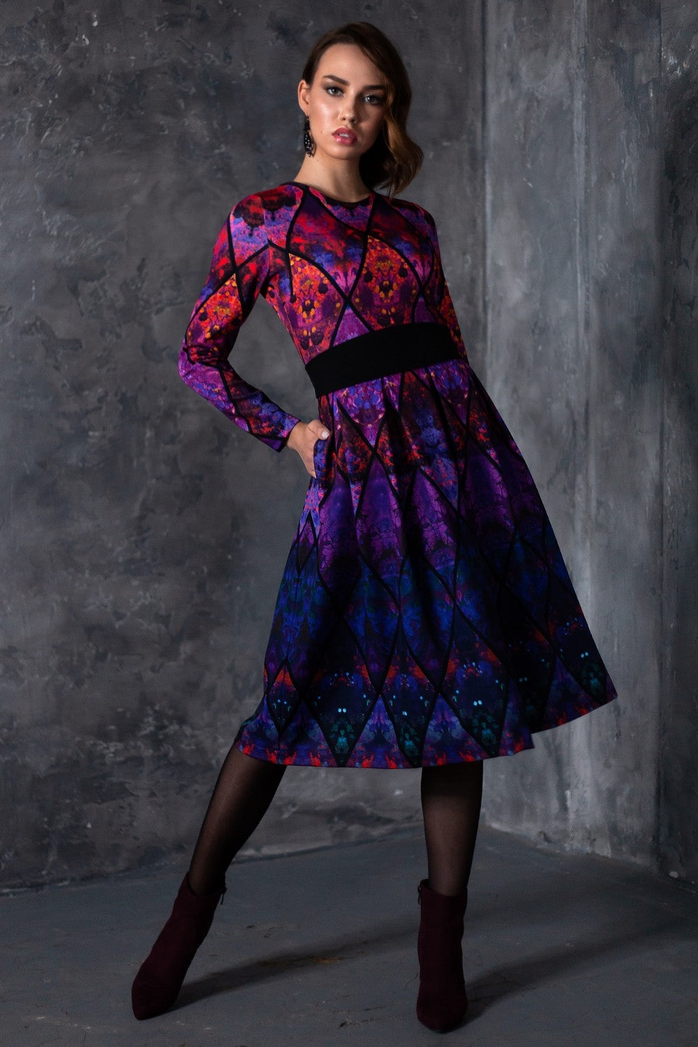 Dress with red purple abstract lozenges