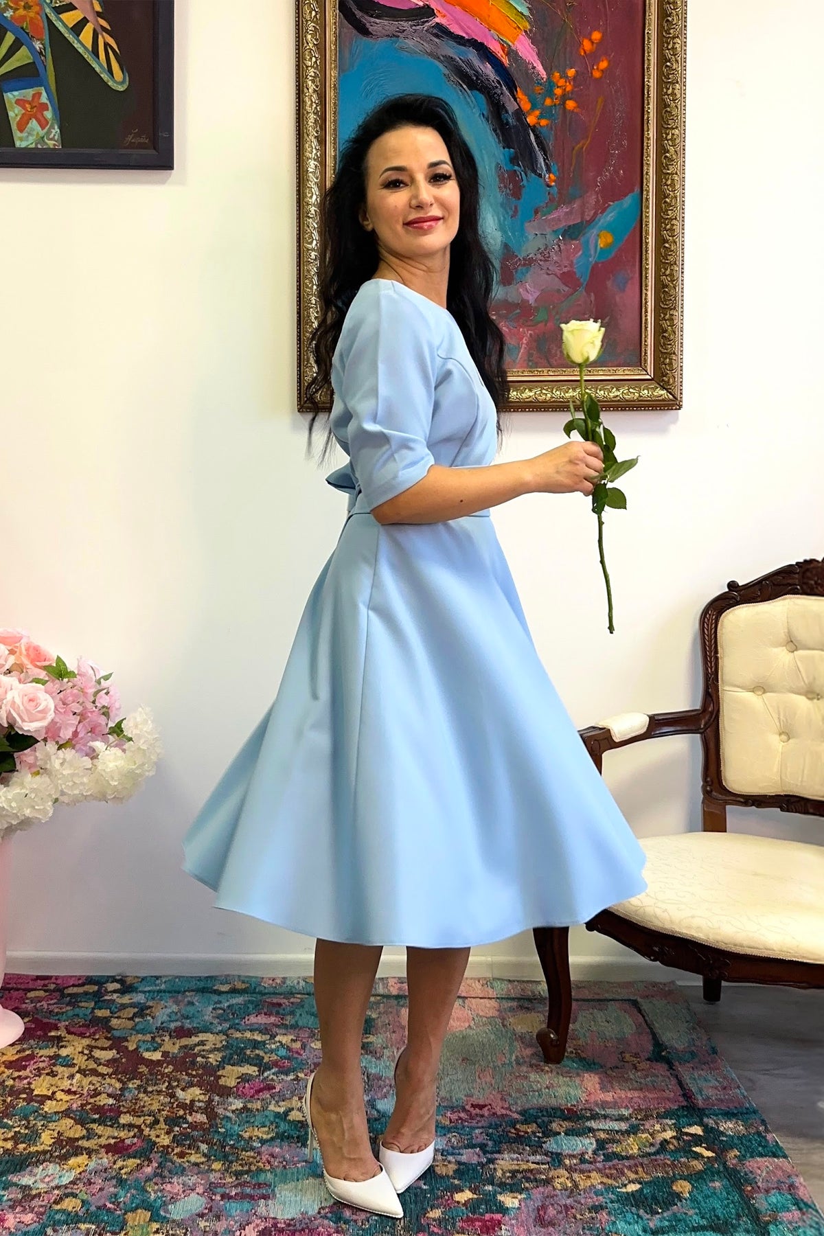 Light blue midi dress with circle skirt