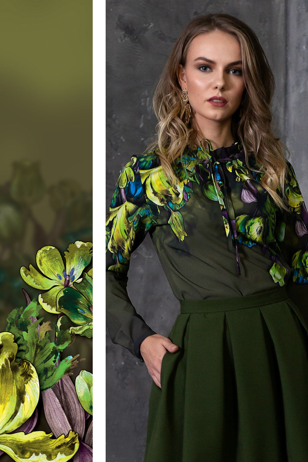 Green blouse with painted tulip print