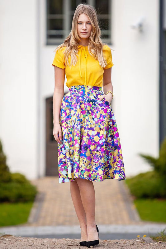 Yellow purple circle skirt with side pockets