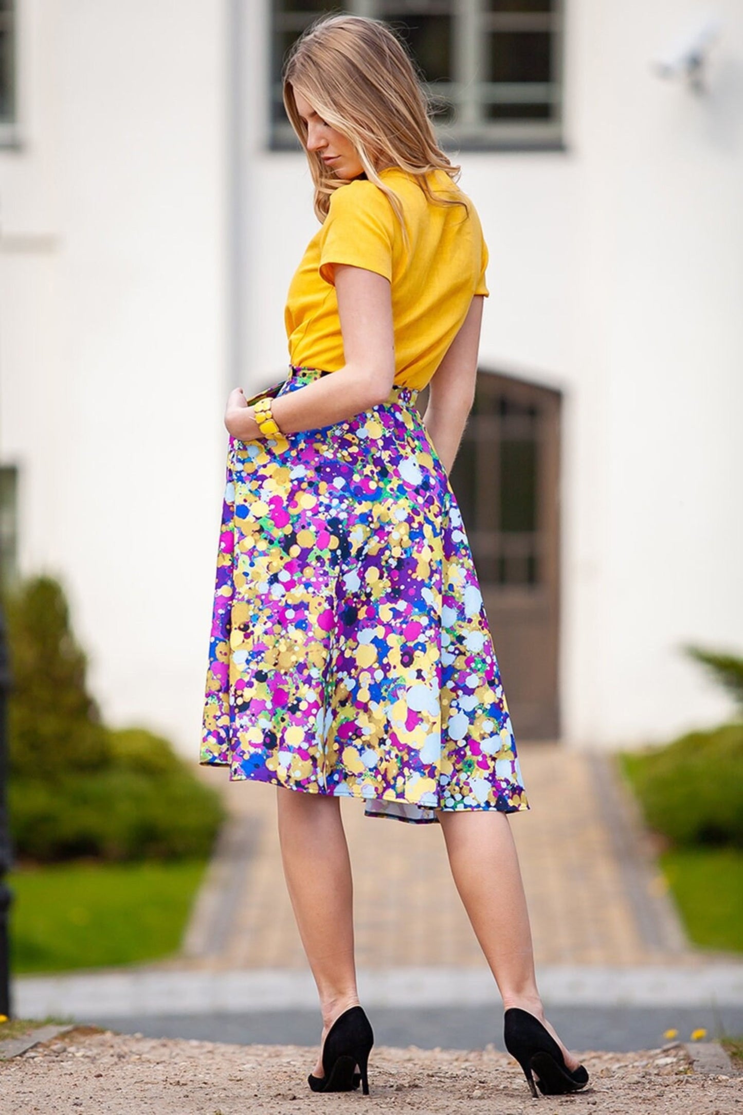 Yellow purple circle skirt with side pockets
