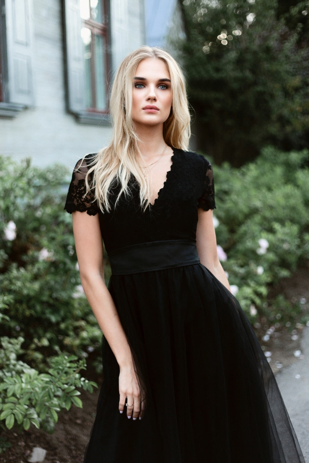 Black lace dress with short sleeves