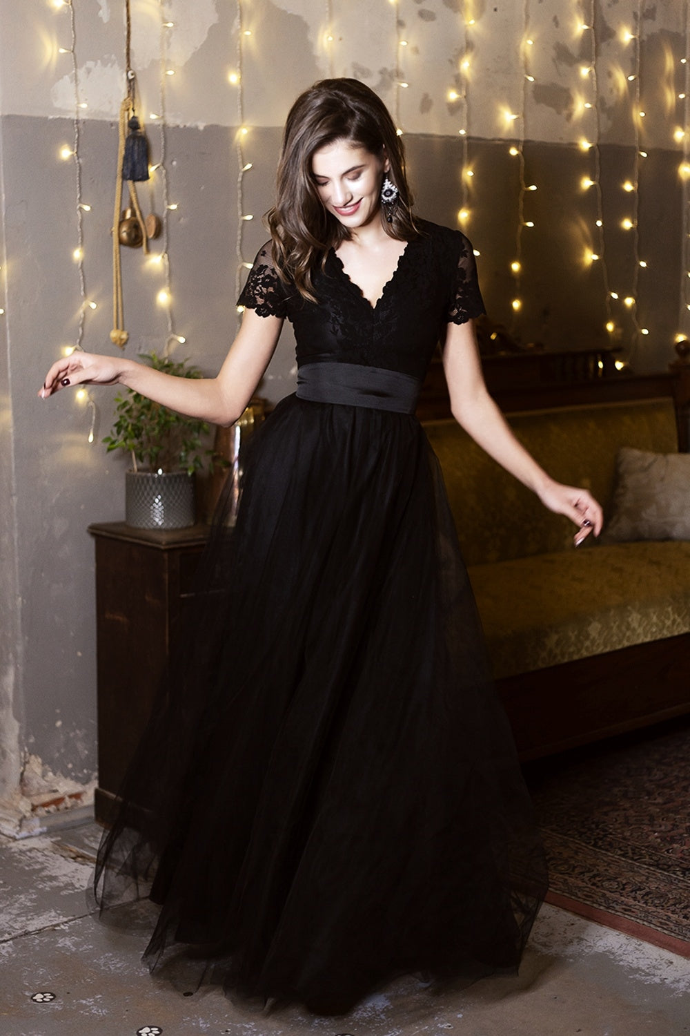 Black lace dress with short sleeves