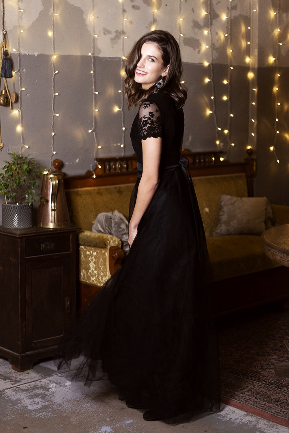 Black lace dress with short sleeves