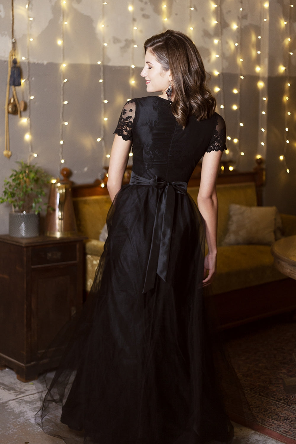 Black lace dress with short sleeves