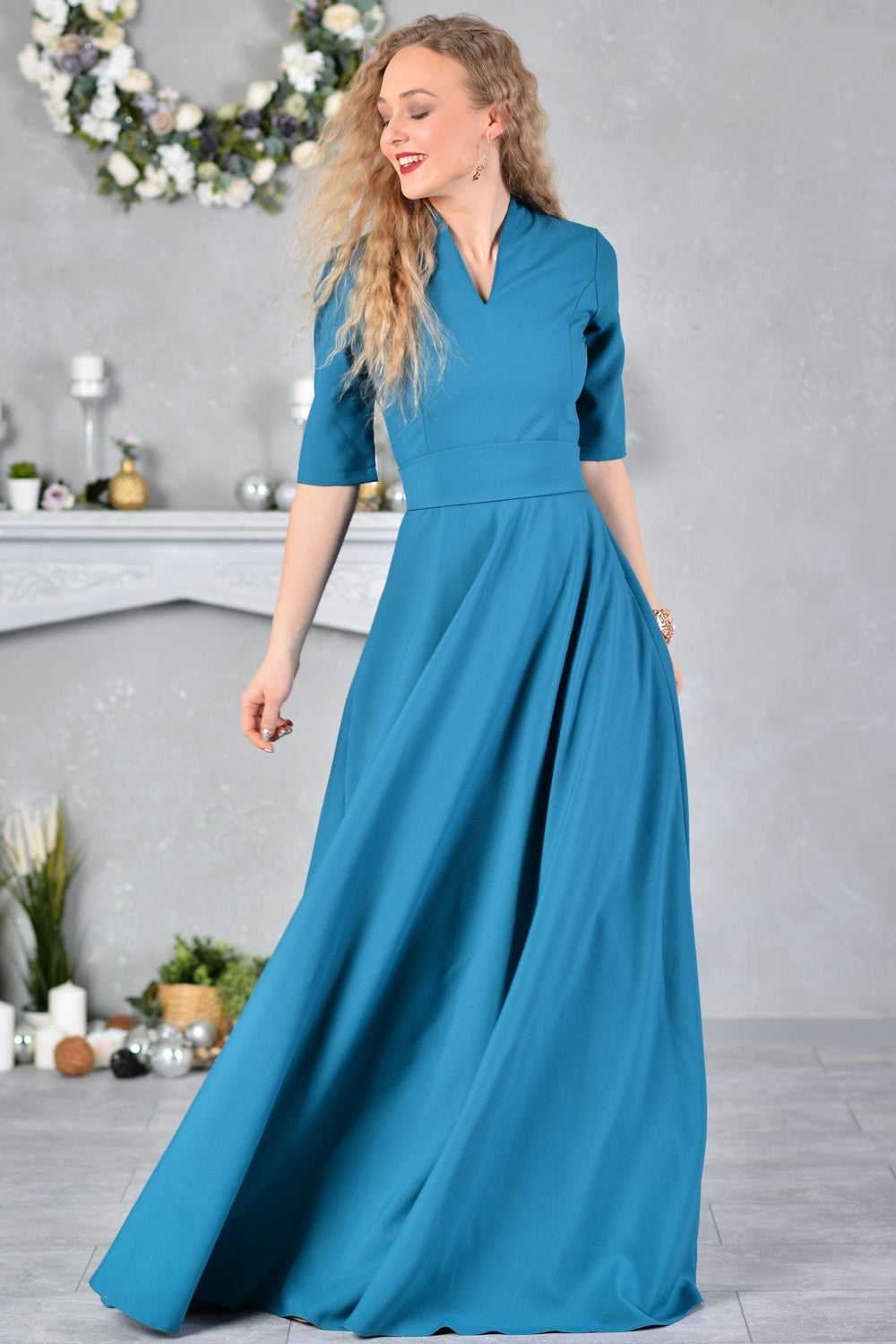 Blue green maxi dress with circle skirt and separated belt