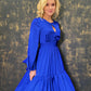 Blue satin ruffle dress with long sleeves