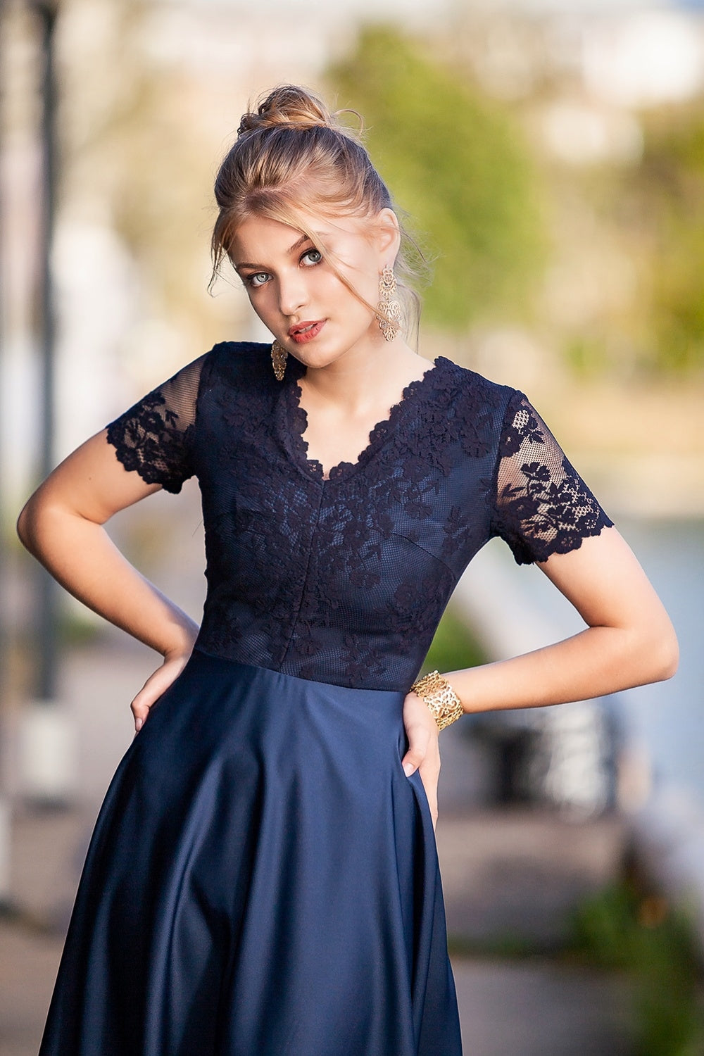 Dark blue lace dress with circle skirts GUNTINA Dark blue lace dress with circle skirts GUNTINA