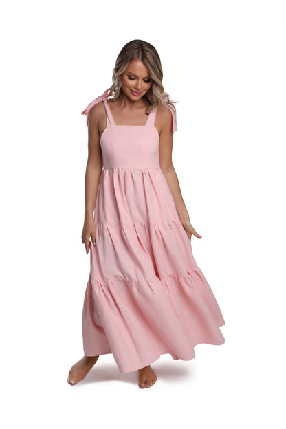 Rose Flared Linen Maxi Dress with Pockets