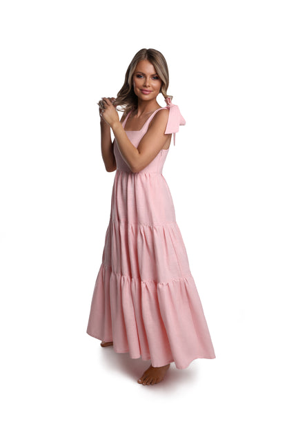 Rose Flared Linen Maxi Dress with Pockets