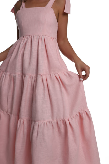 Rose Flared Linen Maxi Dress with Pockets