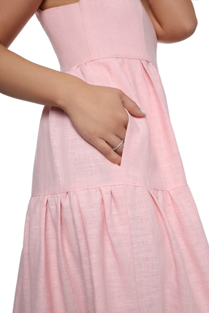 Rose Flared Linen Maxi Dress with Pockets