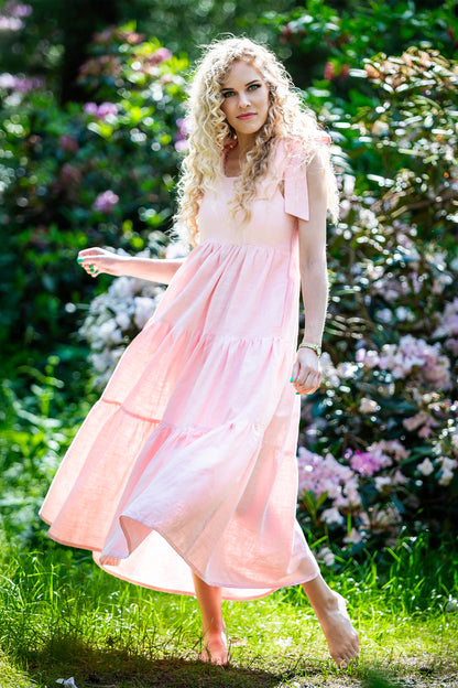 Rose Flared Linen Maxi Dress with Pockets