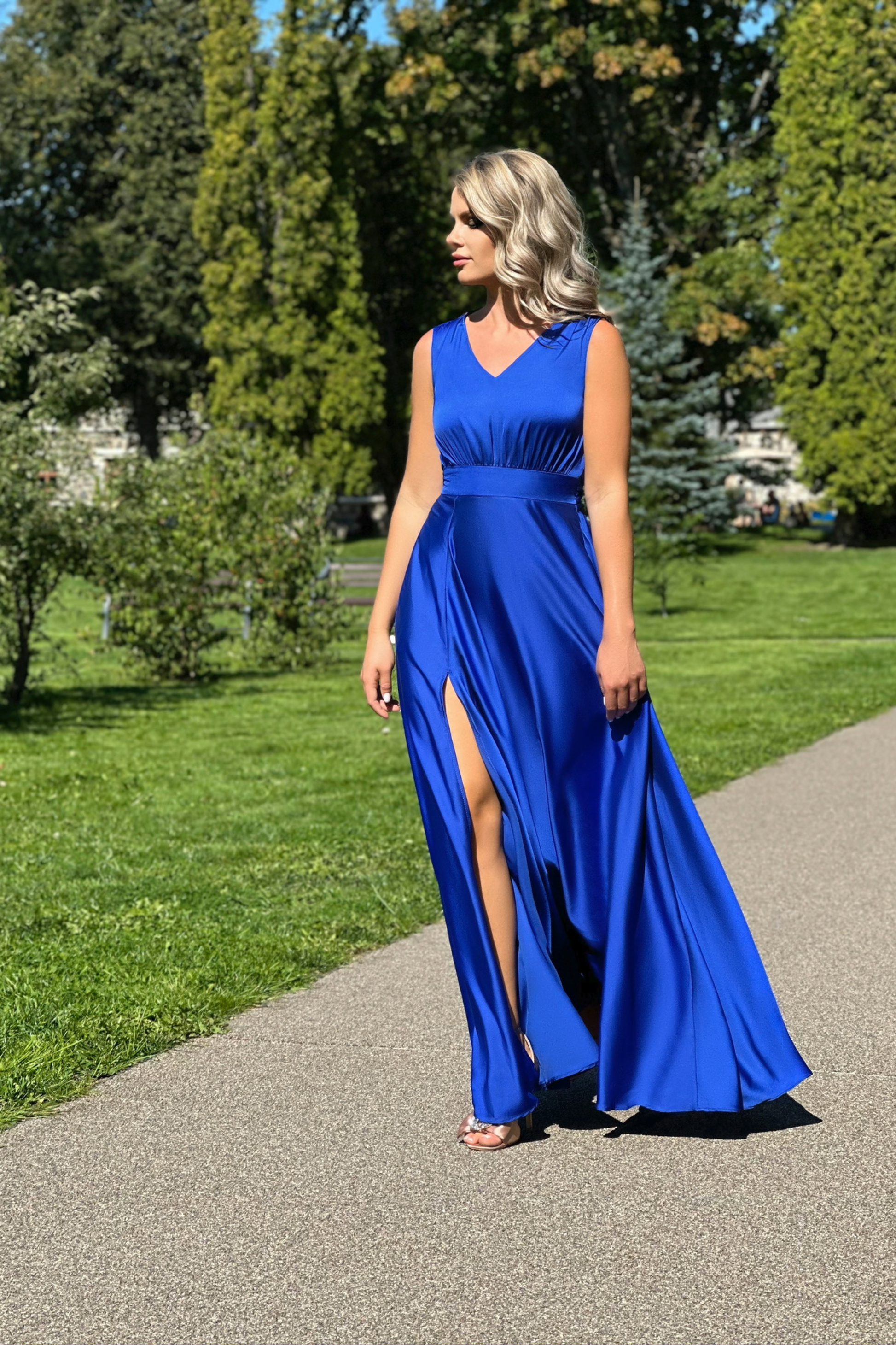 Royal Blue long satin maxi dress with slit GUNTINA Royal Blue long satin maxi dress with slit GUNTINA
