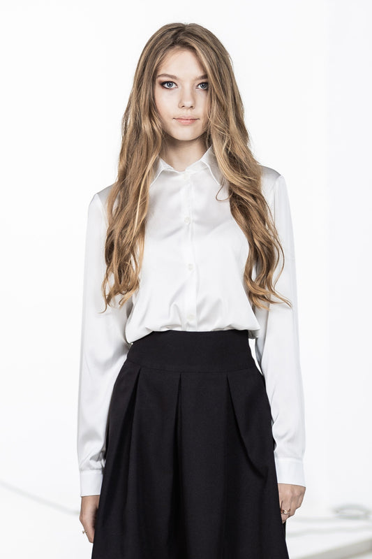 Classic white satin blouse with buttons and collar