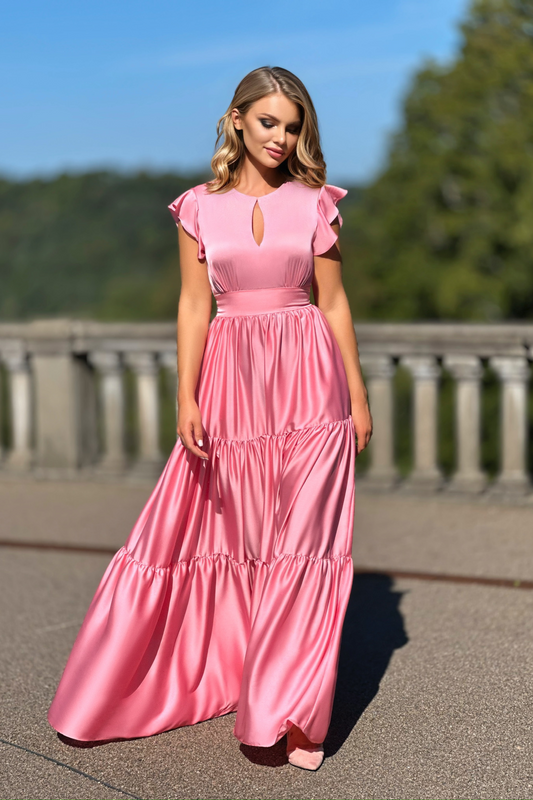 Rožu Rozā svinīga, eleganta gara satīna kleita