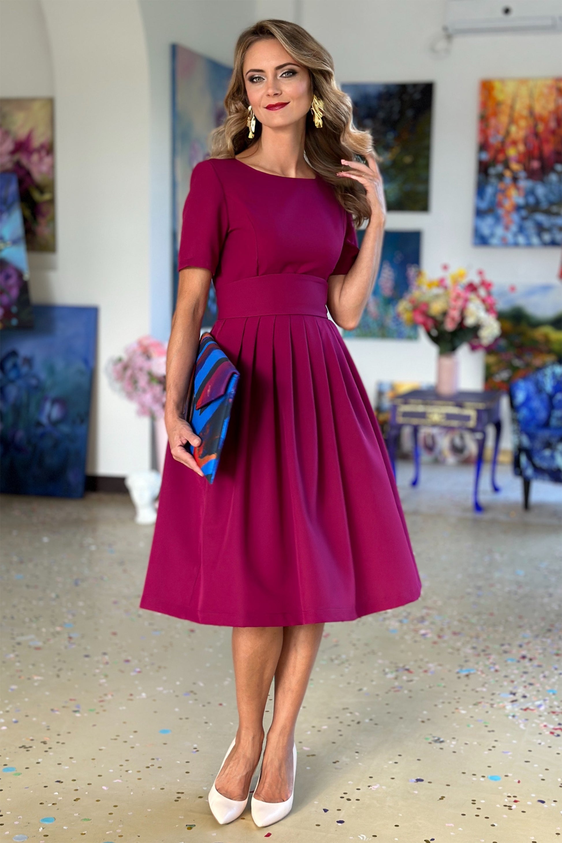 Raspberry red color dress with pleats – GUNTINA Raspberry red color dress with pleats – GUNTINA