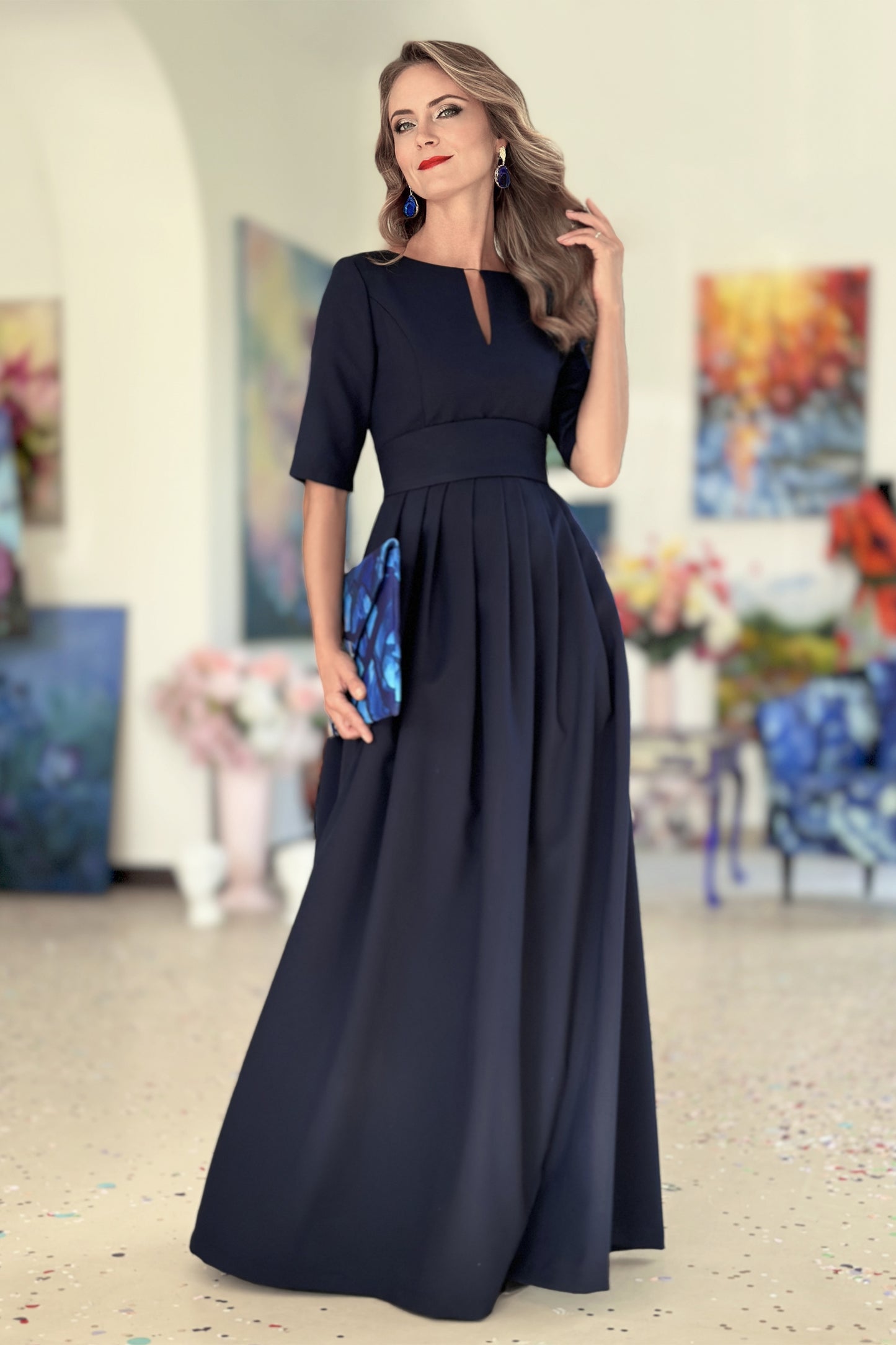 fitted lace wedding dress Long dark blue dress with pleats. Golden color detail in neckline GUNTINA fitted lace wedding dress Long dark blue dress with pleats. Golden color detail in neckline GUNTINA
