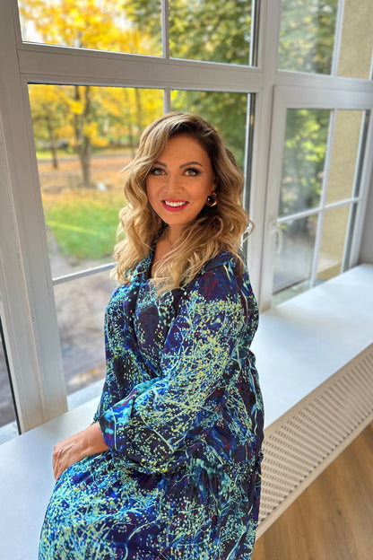 Half-length chiffon dress with turquoise floral print