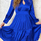 Blue satin ruffle dress with long sleeves