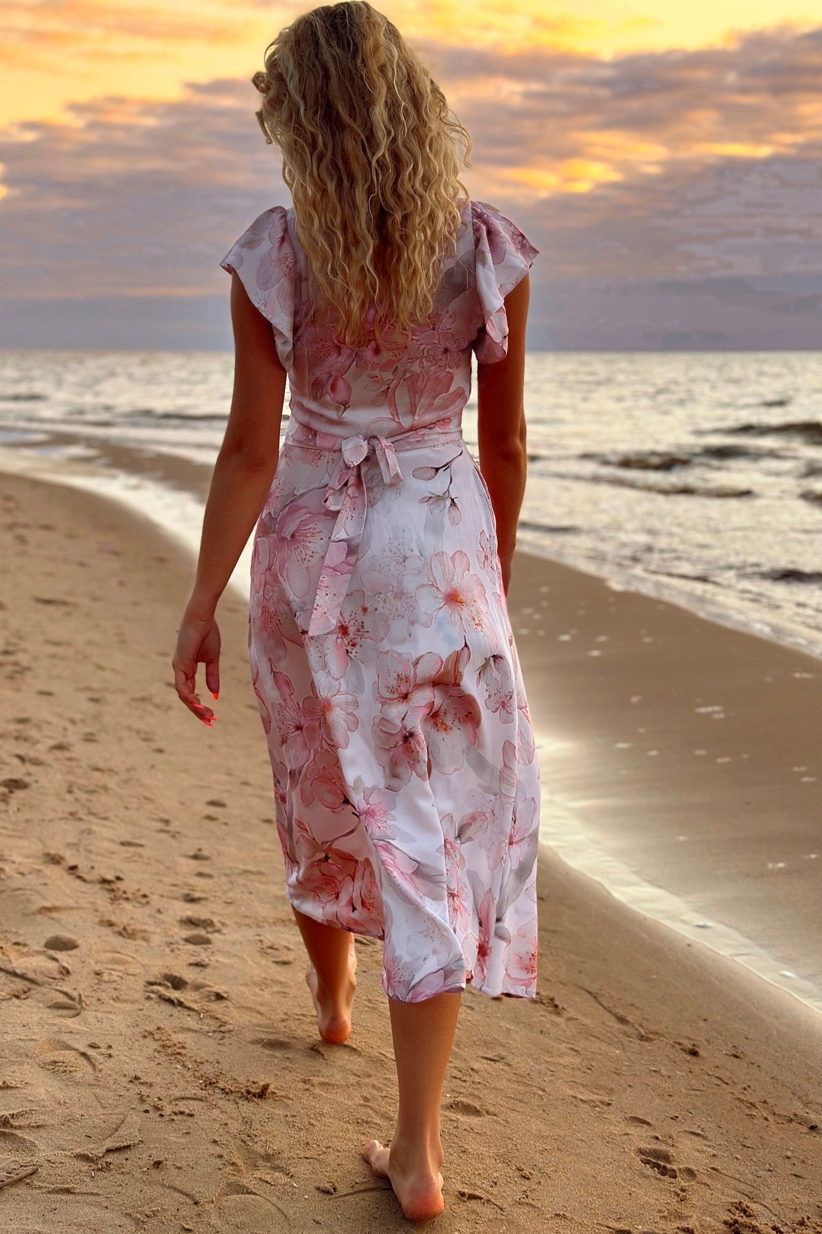 Pink floral viscose dress, full-length back view