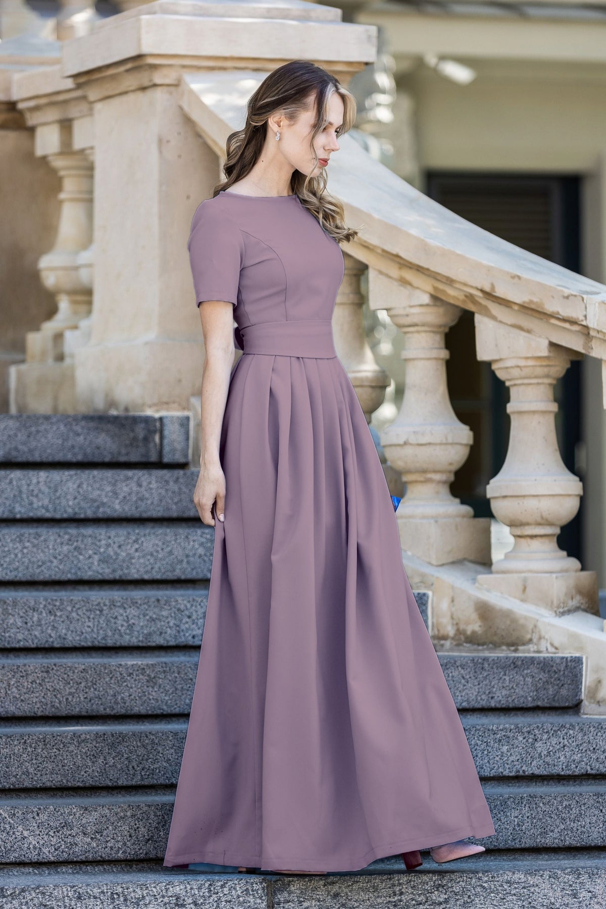 Plum maxi long dress with pleats