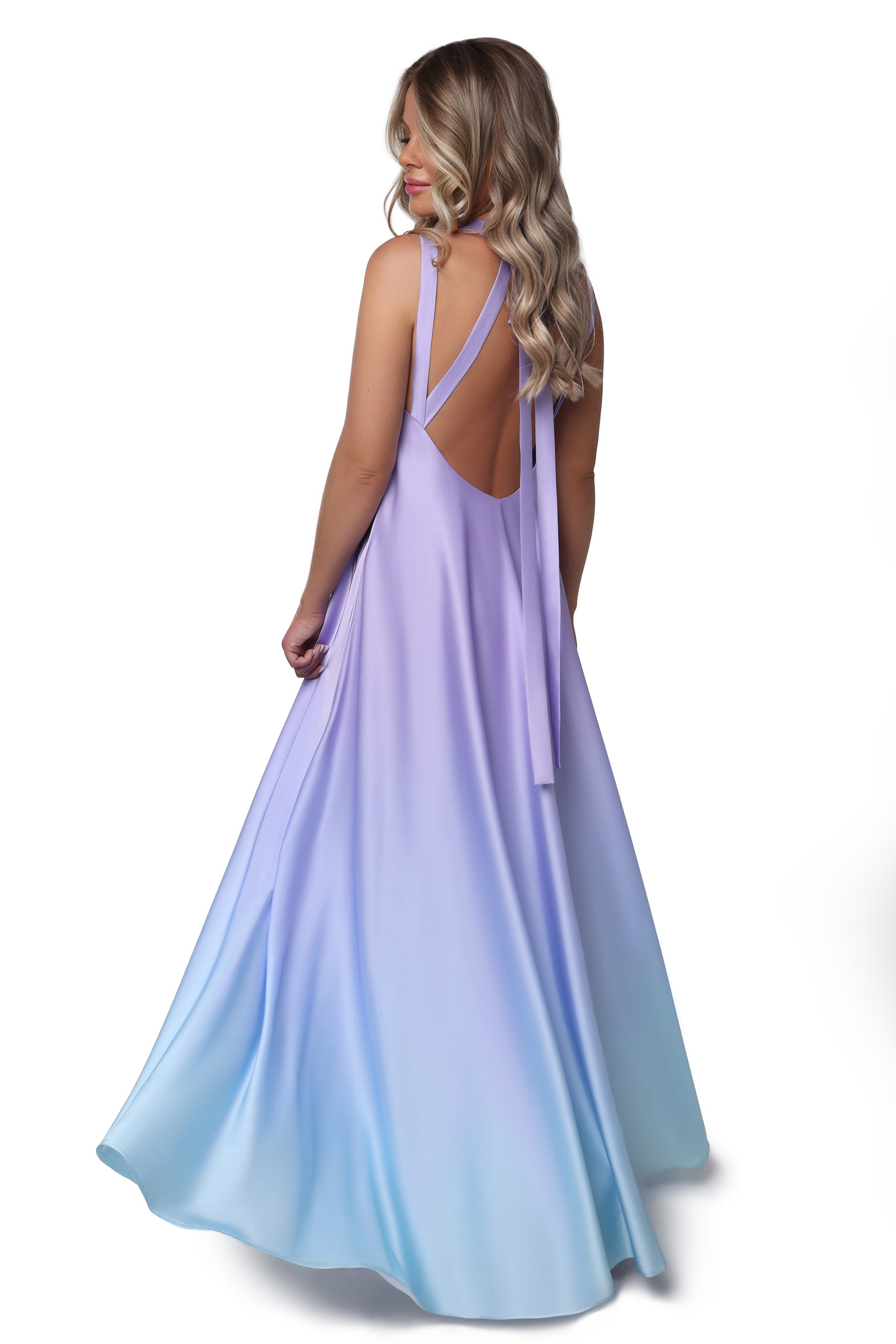 Elegant Satin Ombre Backless Maxi Dress Lilac to Sky Blue GUNTINA Elegant Satin Ombre Backless Maxi Dress Lilac to Sky Blue GUNTINA
