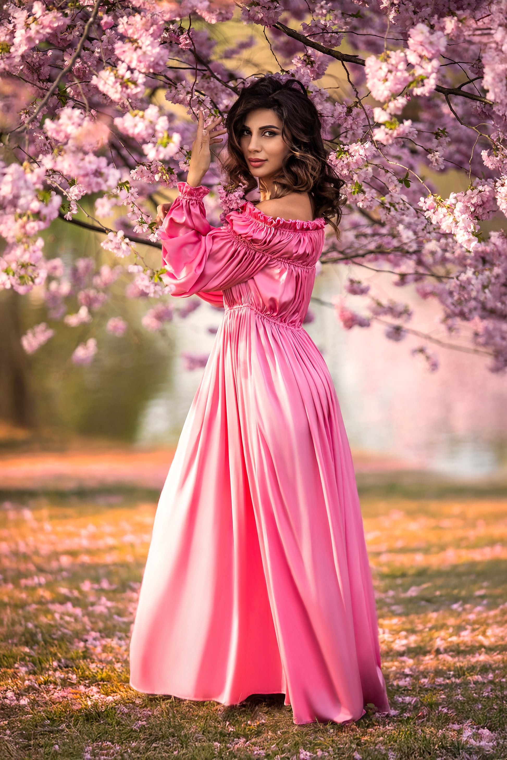 soft pink silk dress Iris Long Sleeve Satin Maxi Dress / Soft Pink | MESHKI