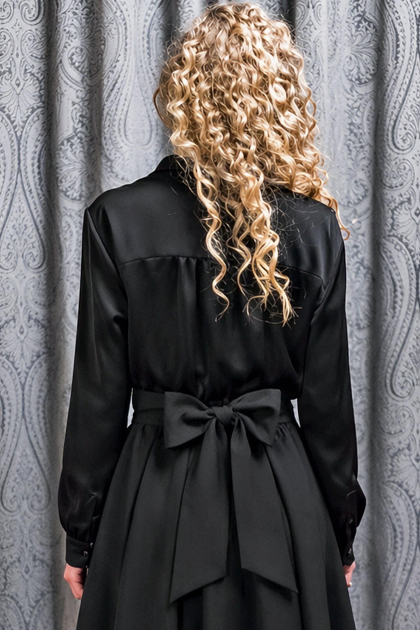 Black Satin Button-Up Blouse for Women – Long Sleeve Classic Shirt with Soft Shine Finish