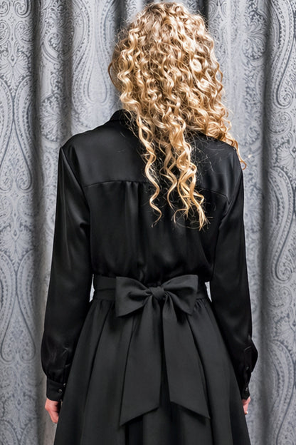 Black Satin Button-Up Blouse for Women – Long Sleeve Classic Shirt with Soft Shine Finish