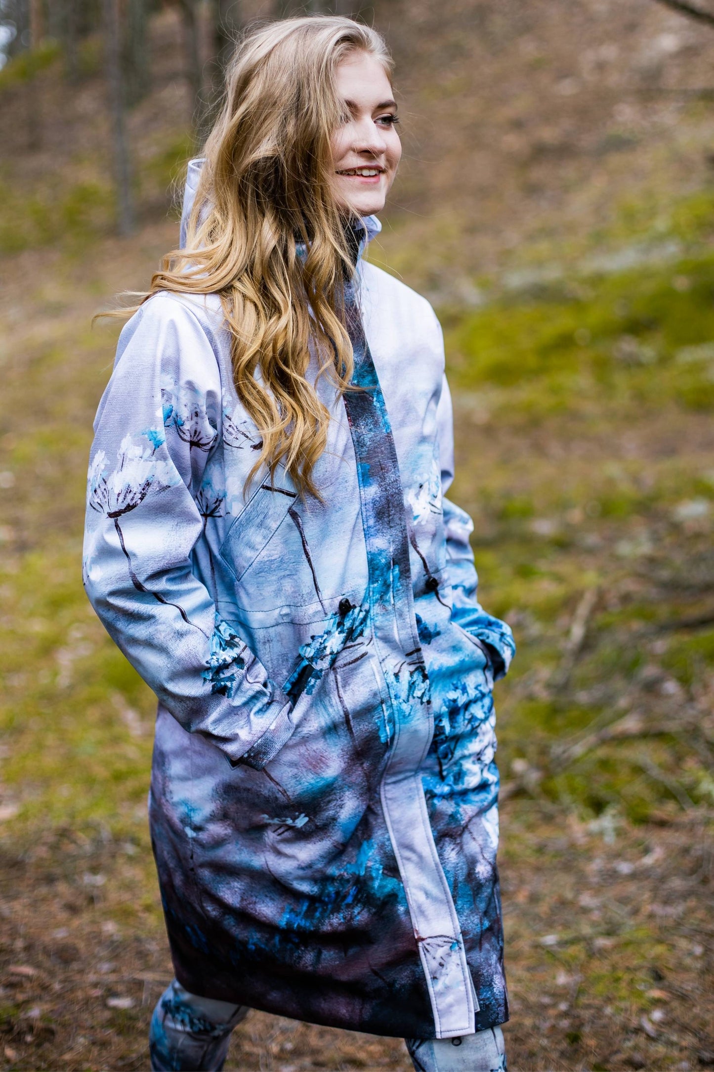 Softshell coat / parka with blue and white floral print