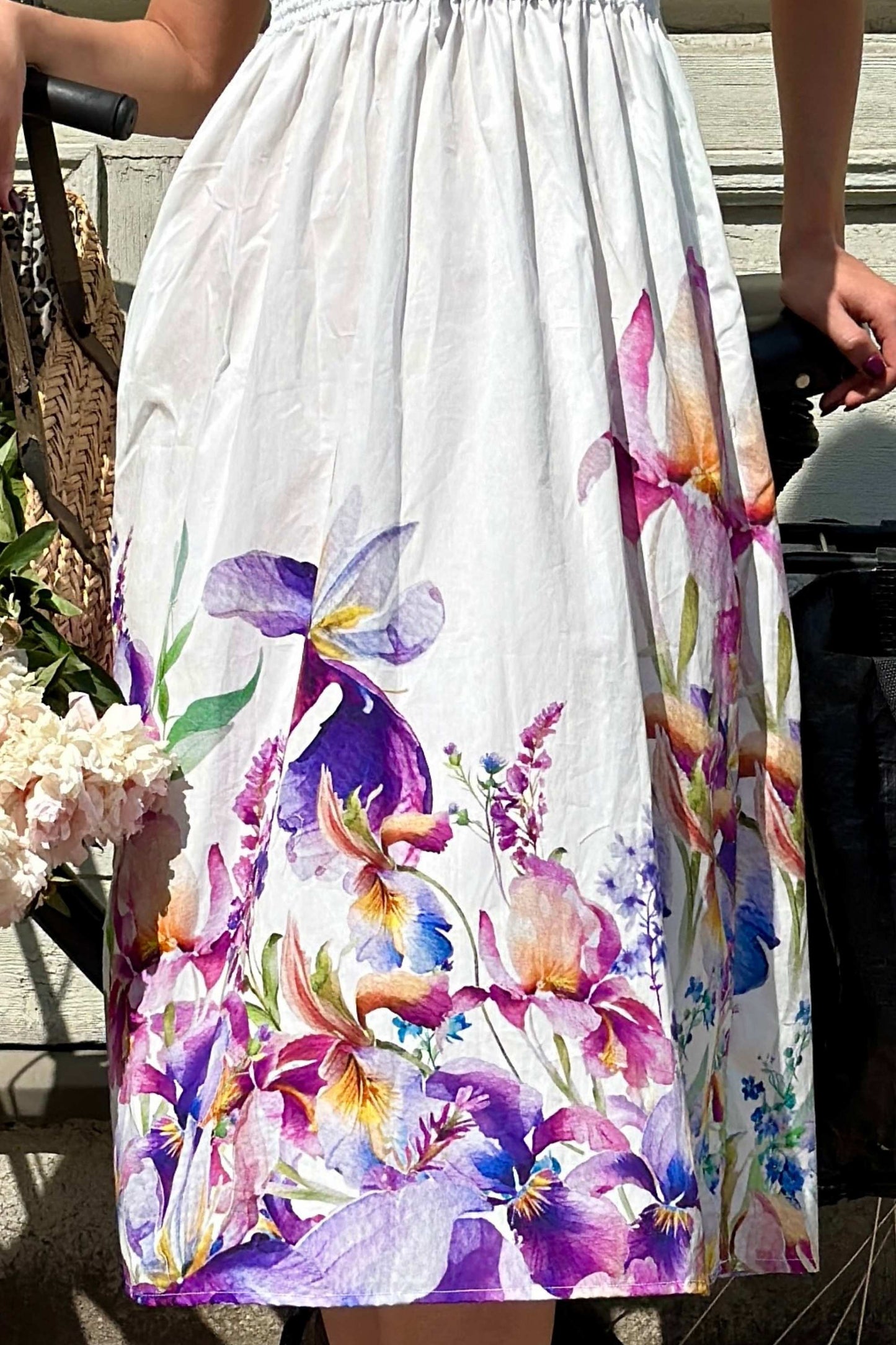 White summer dress with iris flowers