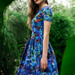 Pleated dress with blue blueberry leaf print