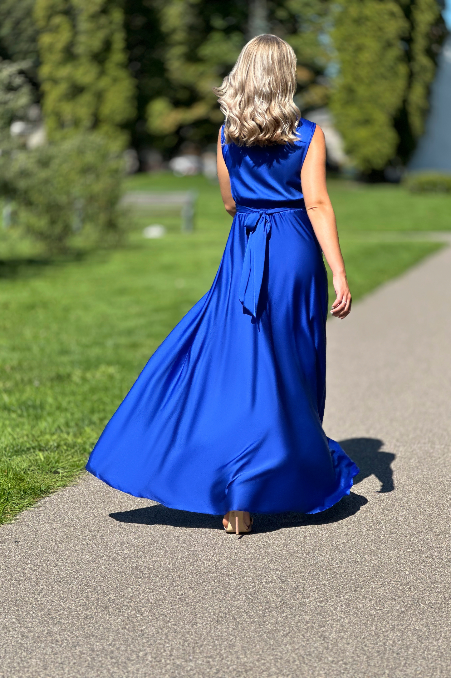 Royal Blue long satin maxi dress with slit