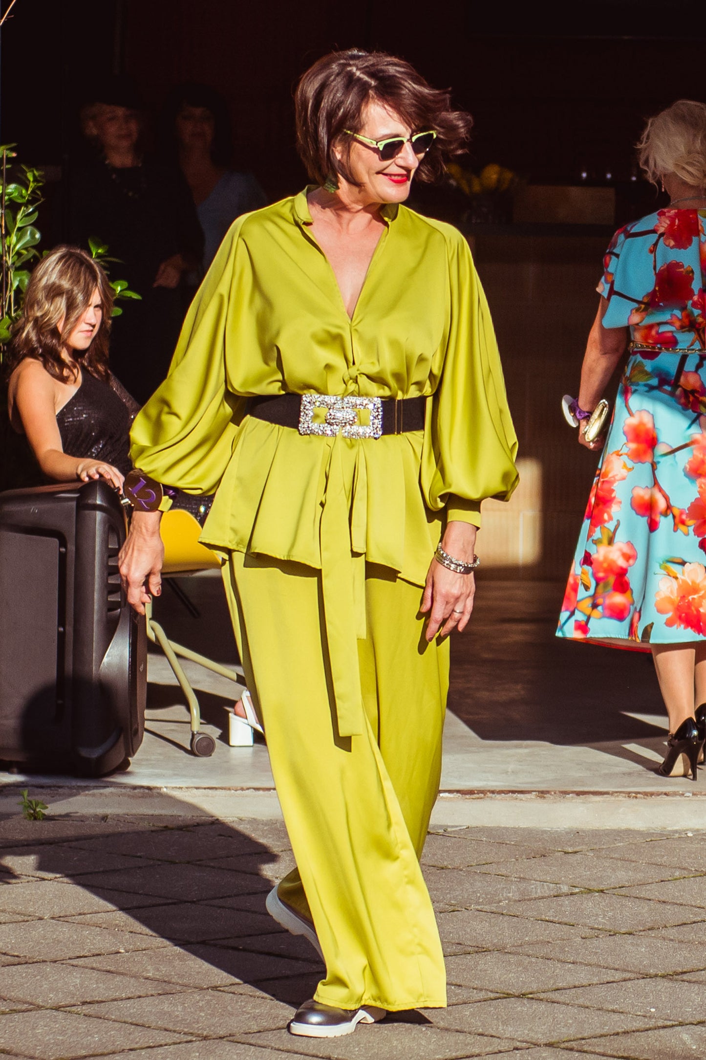 Olive green satin blouse with a belt