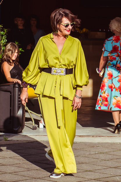 Olive green satin blouse with a belt